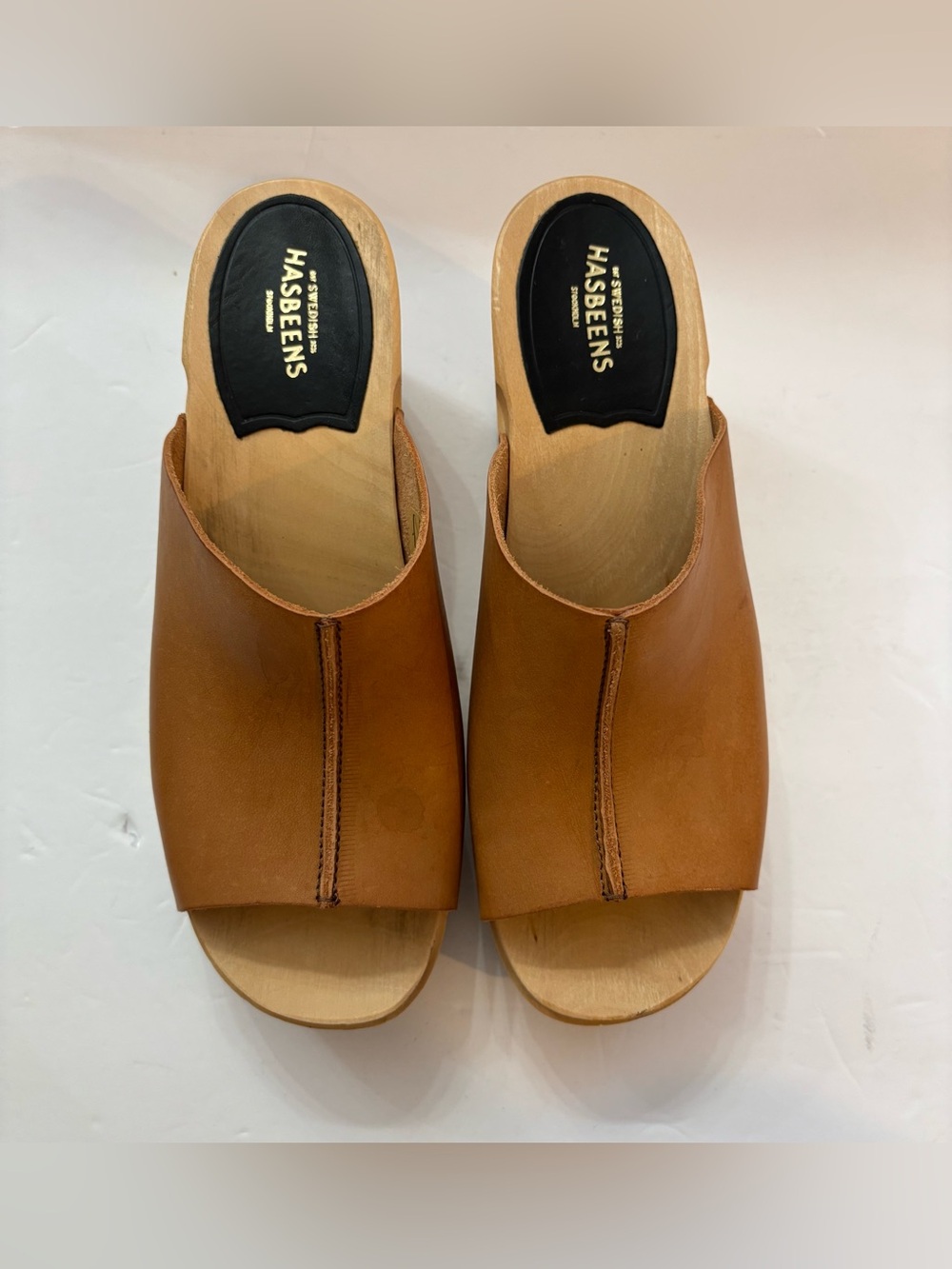 Swedish Hasbeens Women’s Tan Leather Open Toe Clogs Mules Size 39